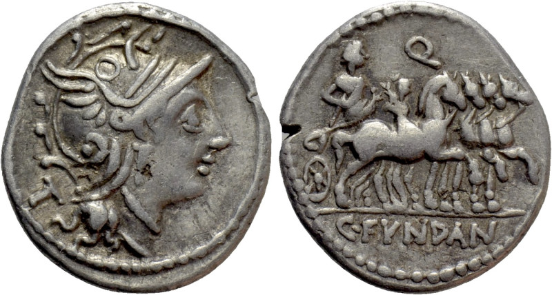 C. FUNDANIUS (101 BC). Denarius. Rome. 

Obv: Helmeted head of Roma right; T t...