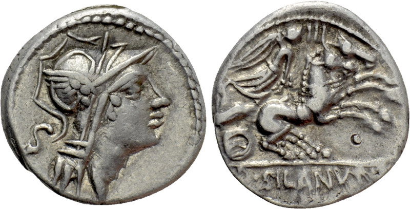 D. SILANUS L.F. Denarius (91 BC). Rome. 

Obv: Helmeted head of Roma right; S ...