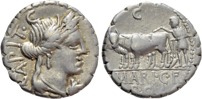 C. MARIUS C. F. CAPITO. Serrate Denarius (81 BC). Rome. 

Obv: CAPIT. 
Draped...