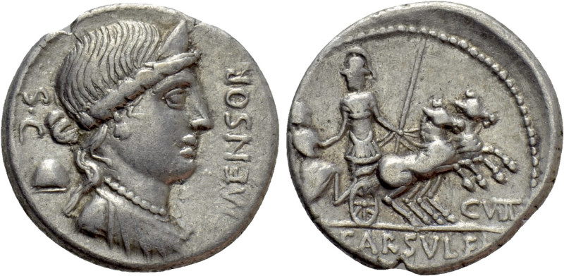 L. FARSULEIUS MENSOR. Denarius (76 BC). Rome. 

Obv: MENSOR / S C. 
Diademed ...