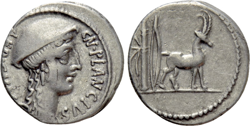 CN. PLANCIUS. Denarius (55 BC). Rome. 

Obv: CN PLANCIVS / AED CVR SC. 
Head ...