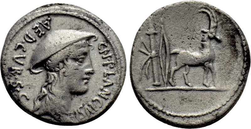 CN. PLANCIUS. Denarius (55 BC). Rome. 

Obv: CN PLANCIVS / AED CVR SC. 
Head ...