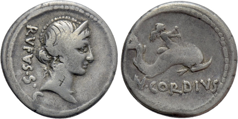 MN. CORDIUS RUFUS. Denarius (46 BC). Rome. 

Obv: RVFVS S C. 
Diademed head o...