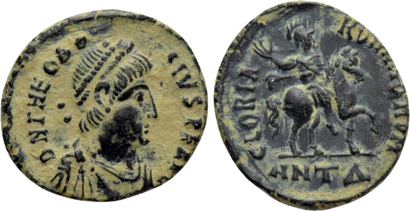 THEODOSIUS I (379-395). Ae. Antioch. 

Obv: D N THEODOSIVS P F AVG. 
Pearl-di...