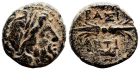 SELEUKID KINGS of SYRIA. Antiochos I Soter, 281-261 BC. Ae (bronze, 1.83 g, 12 mm), Antioch. Laureate head of Zeus right. Rev. BAΣΙ ANTI Thunderbolt; ...