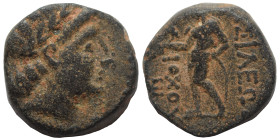 SELEUKID KINGS of SYRIA. Antiochos III ‘the Great’. 222-187 BC. Ae (bronze, 2.16 g, 12 mm), Antioch. Laureate head of Antiochos as Apollo. Rev. Apollo...