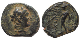 SELEUKID KINGS of SYRIA. Antiochos III ‘the Great’. 222-187 BC. Ae (bronze, 1.66 g, 14 mm), Antioch. Laureate head of Antiochos as Apollo. Rev. Apollo...