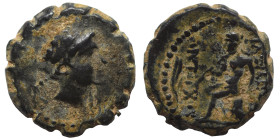 SELEUKID KINGS of SYRIA. Antiochos IV Epiphanes. 175-164 BC. Serrate Ae (2.21 g, 14 mm), Ake Ptolemaïs Ake. Laureate head of Apollo right; monogram to...
