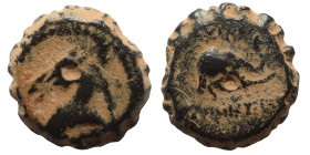 SELEUKID KINGS of SYRIA. Demetrios I Soter, 162-150 BC. Ae serrate (bronze, 4.51 g, 15 mm), Antioch. Head of horse left. Rev. BAΣIΛEΩΣ / ΔHMHTPIOY Hea...