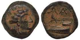 PHOENICIA. Arados, circa 242-166 BC. Ae (bronze, 3.59 g, 17 mm). Turreted head of Tyche right. Rev. Athena standing left on prow of galley left; monog...
