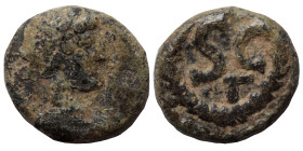 SYRIA, Seleucis and Pieria. Antioch. Hadrian. 117-138. Half Quadrans (bronze, 0.82 g, 10 mm). Laureate, draped, and cuirassed bust right, seen from be...