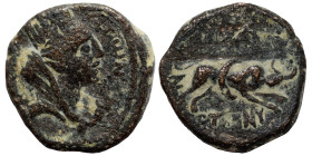 SYRIA, Cyrrhestica. Hieropolis. Time of Antoninus Pius 138-161. Ae (bronze, 2.84 g, 15 mm). ΙƐΡΟΠΟΛƐΙΤⲰΝ Bust of Tyche right. A / ΖΝΥ Hump-backed bull...