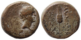 SYRIA. Claudia Leucas. Time of Mark Antony, 37/31 BC. Ae (bronze, 2.65 g, 13 mm). Bust of Hermes with caduceus right. Rev. ΒΑΛΑΝΕΩTΩN / IA[…] Corn ear...
