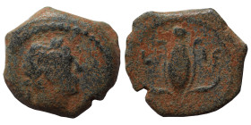 EGYPT, Alexandria. Trajan. 98-117. Æ Dichalkon (bronze, 1.44 g, 14 mm). Laureate head right. Rev. Atef crown; L-[..] (date across field below. RPC -; ...