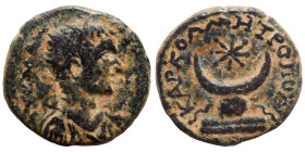 MESOPOTAMIA. Carrhae. Caracalla (or Elagabalus?), 198-217. Ae (bronze, 4.22 g, 19 mm) Radiate, draped and cuirassed bust right. Rev. Crescent with six...