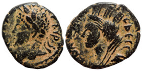 MESOPOTAMIA. Edessa. Caracalla, 198-217. Ae (bronze, 2.95 g, 18 mm). Laureate head of Caracalla left. Rev. ЄΔЄCCA Veiled, turreted and draped bust of ...