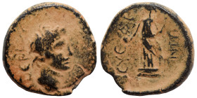 CILICIA. Syedra. Tiberius, 14-37. Ae (bronze, 3.50 g, 16 mm). [TIBЄPIOC] Laureate head of Tiberius to right. Rev. CYЄΔPЄωN Goddess standing facing, he...