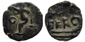 PHOENICIA. Berytus, 1st century AD. Ae (bronze, 0.92 g, 11 mm). COL Marsyas standing left, holding wine-skin. Rev. BER Prow right. RPC 3858; SNG Cop. ...