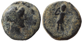 Uncertain. Ae (bronze, 2.41 g, 16 mm). Female bust right. Rev. Standing figure, traces of legend. Fine.