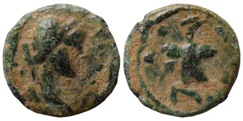 Uncertain. Ae (bronze, 1.18 g, 13 mm). Artemis (?) right. Rev. Leaf (?); crescen...