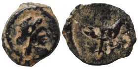 Uncertain. Ae (bronze, 1.21 g, 13 mm). Female head right. Rev. Bird standing right. Nearly very fine.