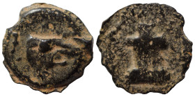 Uncertain. Ae (bronze, 1.15 g, 13 mm). Boar forepart right. Rev. Statue (?). Good fine.