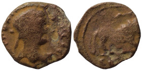 Uncertain. Ae (bronze, 1.12 g, 11 mm). Bust right, illegible legend around. Rev. Lion walking right. Fine.
