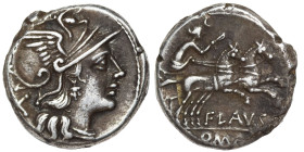 Decimius Flavus, 150 BC. Denarius (silver, 3.66 g, 17 mm), Rome. Helmeted head of Roma right; X to left. Rev. FLAVS / ROMA. Diana Lucifera, holding re...