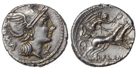 L. Flaminius Chilo, 109-108 BC. Denarius (silver, 3.90 g, 19 mm), Rome. ROMA Head of Roma to right, wearing winged helmet; before, X (mark of value). ...