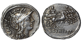 L. Sentius C.f, 101 BC. Denarius (silver, 3.88 g, 21 mm), Rome. AR G•PVB Head of Roma to right, wearing winged helmet, pendant earring and pearl neckl...