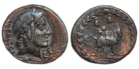 Mn. Fonteius C.f, 85 BC. Denarius (silver, 3.84 g, 20mm), Rome. MN FO NT EI - C•F Laureate head of Apollo to right; below, thunderbolt. Rev. Cupid rid...