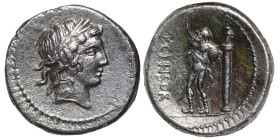 L. Censorinus, 82 BC. Denarius (silver, 3.72 g, 18 mm), Rome. Laureate head of Apollo to right. Rev. [L]•CENSOR Marsyas, bald-headed, standing to left...