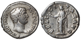 Hadrian, 117-138. Denarius (silver, 2.98 g, 18 mm), Rome. HADRIANVS AVG COS III P P Laureate head right. Rev. FELICITAS AVG Felicitas standing left, h...