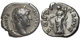 Hadrian, 117-138. Denarius (silver, 3.03 g, 18 mm), Rome. HADRIANVS AVG COS III P P Bare head to right, slight drapery on far shoulder. Rev. FORTVNA A...
