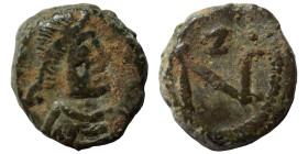 Zeno, 476-491. Nummus (bronze, 1.18 g, 9 mm), Thessalonica or Nicomedia. Pearl-diademed, draped, and cuirassed bust right. Rev. Zeno monogram 1 within...