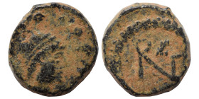 Zeno, 476-491. Nummus (bronze, 1.19 g, 9 mm), Thessalonica or Nicomedia. Pearl-diademed, draped, and cuirassed bust right. Rev. Zeno monogram 1 within...