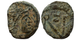 Zeno, 476-491. Nummus (bronze, 1.13 g, 10 mm), Thessalonica or Nicomedia. Pearl-diademed, draped, and cuirassed bust right. Rev. Zeno monogram 1 withi...