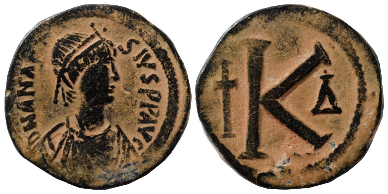 Anastasius I, 491-518. Half Follis (bronze, 9.36 g, 26 mm), Constantinople. D N ...