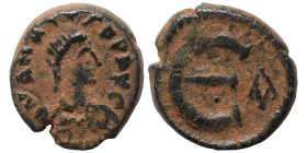 Anastasius I, 491-518. Pentanummium (bronze , 1.98 g, 13 mm). Constantinople. DN ANAST PP AVC Diademed and draped bust right. Rev. Large E; two pellet...