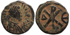 Justin I, 518-527. Pentanummium (bronze, 1.99 g, 14 mm), Constantinople. D N IVSTINVS P P AV Pearl diademed, draped, cuirassed bust right. Rev. Large ...