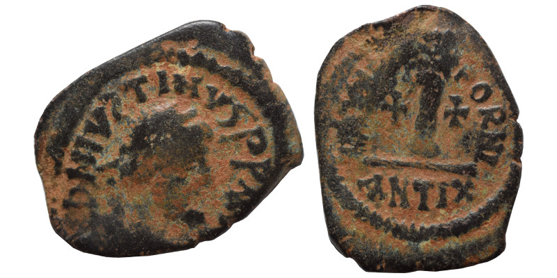 Justin I, 518-527. Dekanummium (bronze, 3.83 g, 25 mm), Antioch. D N IVSTINVS P ...