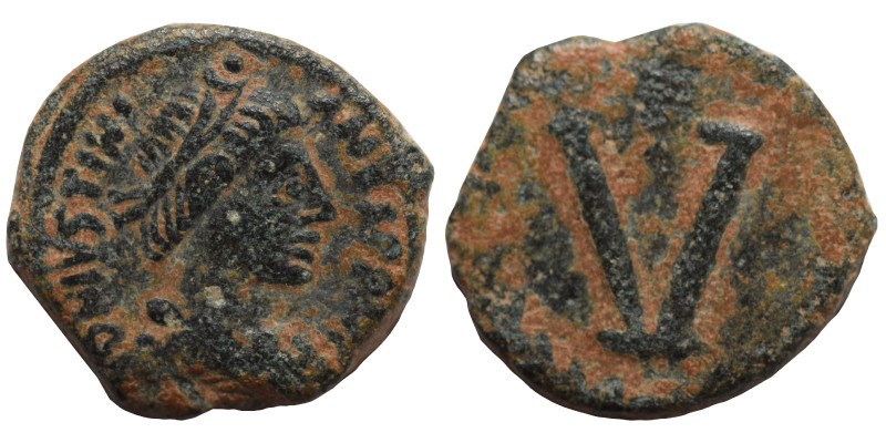 Justinian I, 527-565. 5 Nummi (bronze, 1.62 g, 13 mm), Uncertain mint. D N IVSTI...