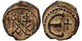 Justin II, 565-578. Pentanummium (bronze, 1.43 g, 15 mm), Theoupolis (Antioch). Monogram of Justin II. Rev. Large Є, cross to right. SB 386. Very fine...