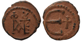 Justin II, 565-578. Pentanummium (bronze, 1.37 g, 14 mm), Theoupolis (Antioch). Monogram of Justin II. Rev. Large Є, cross to right. SB 386. Very fine...