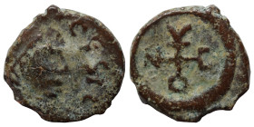 Justin II, 565-578. Nummus (bronze, 0.75 g, 10 mm), Theoupolis (Antioch). Pearl-diademed, draped and cuirassed bust to right. Rev. Monogram 11. DOC 14...