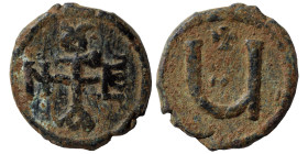 Tiberius II Constantine, 578-582. Pentanummium (bronze, 1.73 g, 15 mm), Theoupolis (Antioch). Monogram of Tiberius II Constantine. Rev. Large Ч; above...