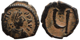 Phocas, 602-610. Pentanummium (bronze, 1.99 g, 11 mm), Constantinople. d m FOC P P AV Diademed, draped, bearded and cuirassed bust of Phocas to right....