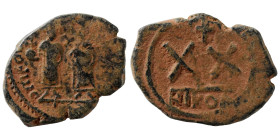 Phocas, with Leontia, 602-610. Half Follis (bronze, 4.93 g, 25 mm), Nicomedia. Phocas, holding globus cruciger, and Leontia, holding cruciform sceptre...