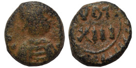 VANDALS. Pseudo-Imperial coinage, 6th century; in the name of Justinian I. Nummus (bronze, 0.91 g, 10 mm). Uncertain North African mint. Diademed, dra...
