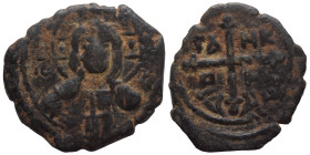 CRUSADERS. Principality of Antioch. Tancred, regent, 1101-1112. Follis (bronze, 2.55 g, 22 mm). Nimbate bust of Christ facing, holding book of Gospels...